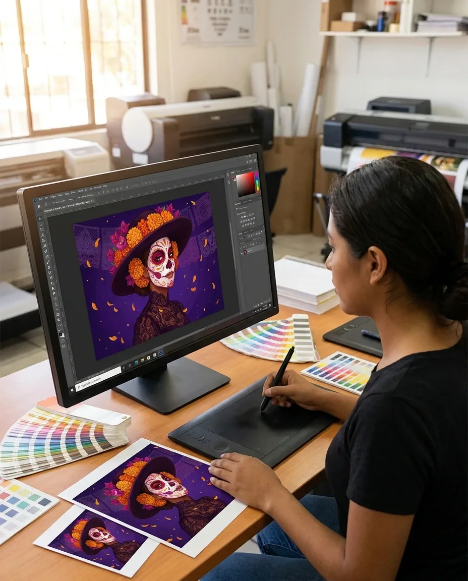 Diseñadora de LOOVUS editando una ilustración de catrina en la computadora