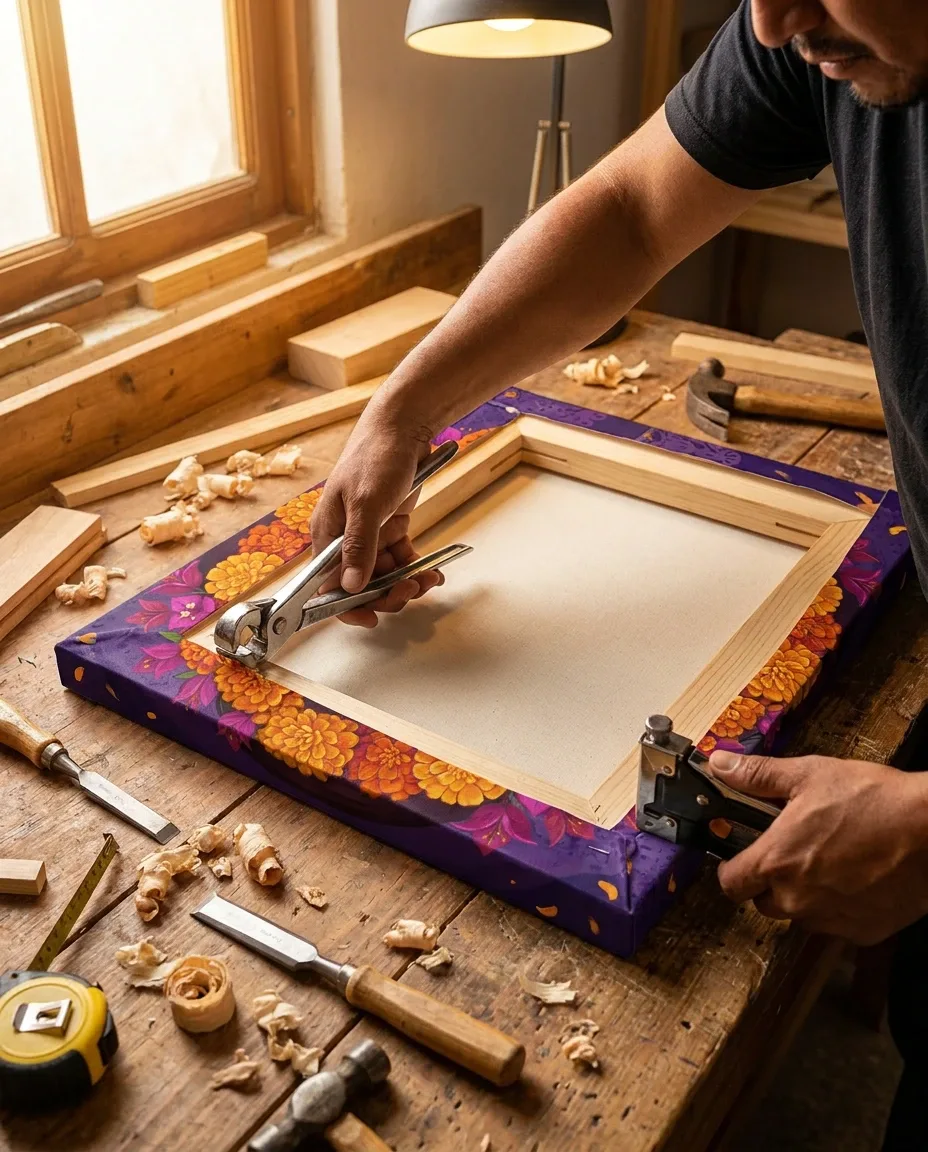 Manos tensando el canvas impreso sobre un bastidor de madera con pinzas y engrapadora