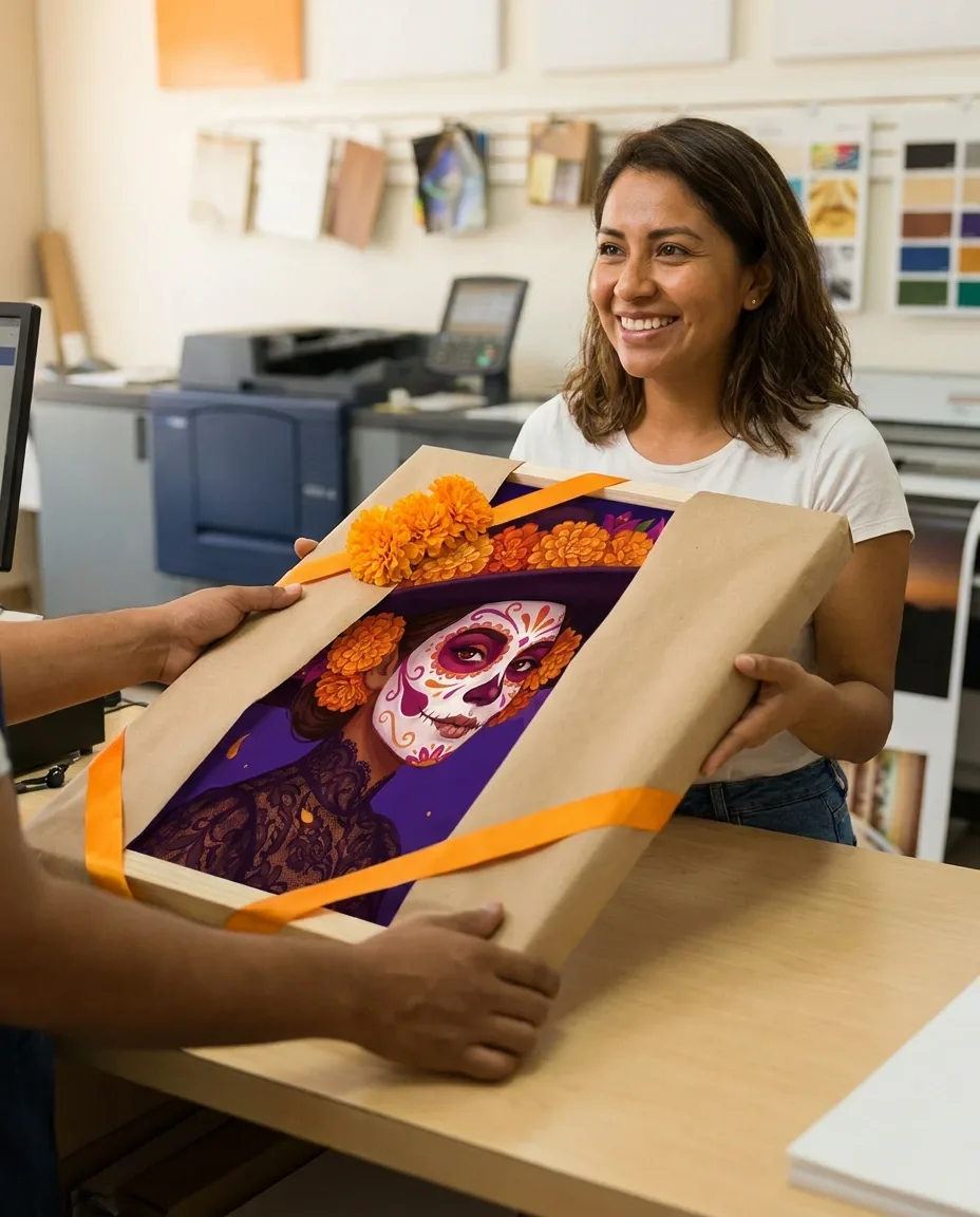 Clienta sonriente recibiendo su cuadro canvas de catrina envuelto en papel kraft