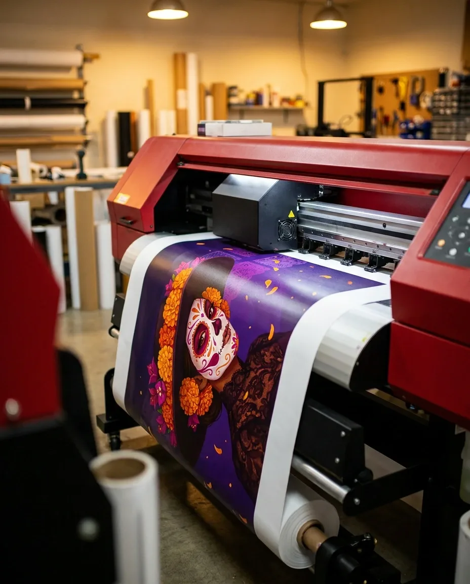 Impresora roja de gran formato imprimiendo la catrina sobre rollo de canvas