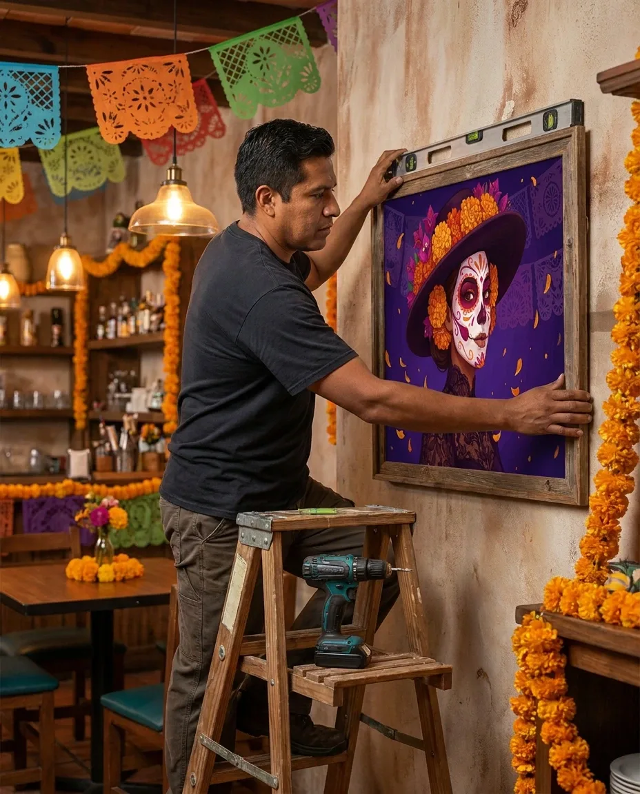 Instalador colgando el cuadro de catrina en la pared de un café usando un nivel