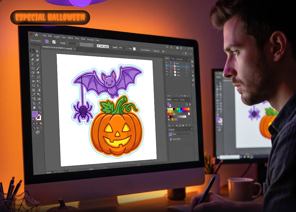 Diseñador de LOOVUS trabajando el vector de una calabaza con murciélago en pantalla