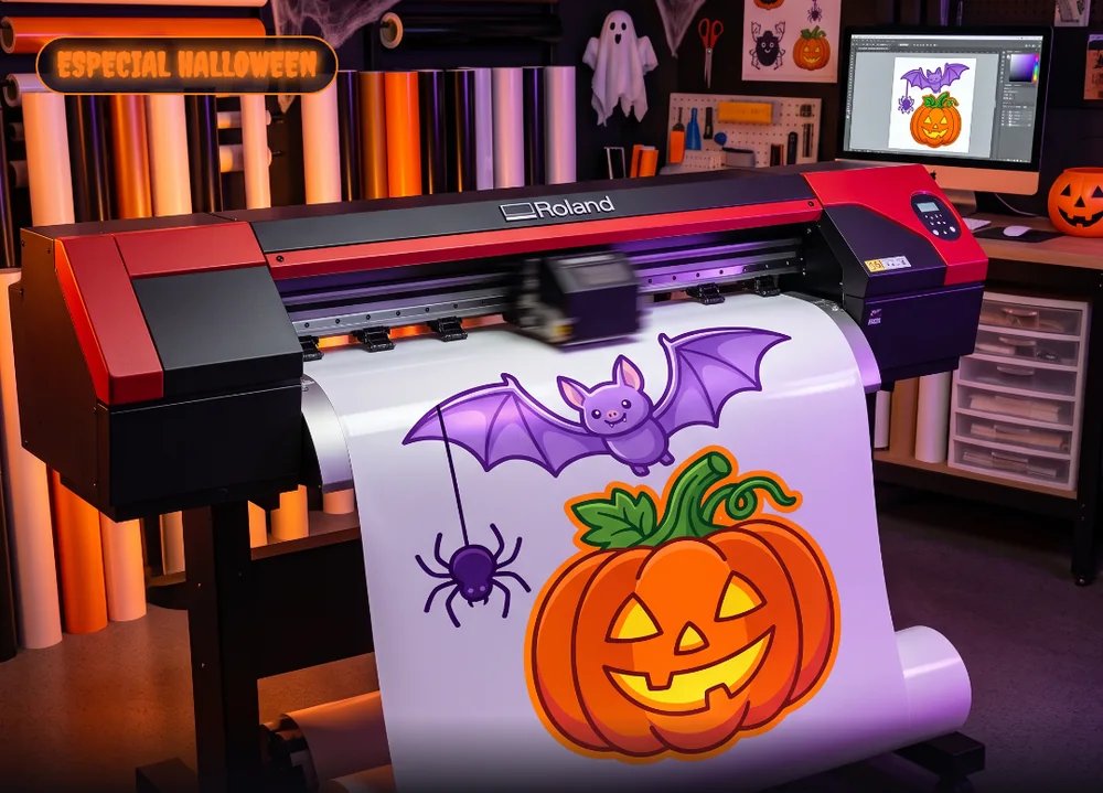 Impresora Roland de gran formato imprimiendo el diseño de la calabaza a todo color
