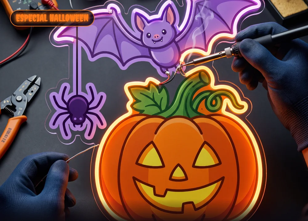 Soldadura a mano de la tira de neón LED sobre el contorno del letrero de calabaza