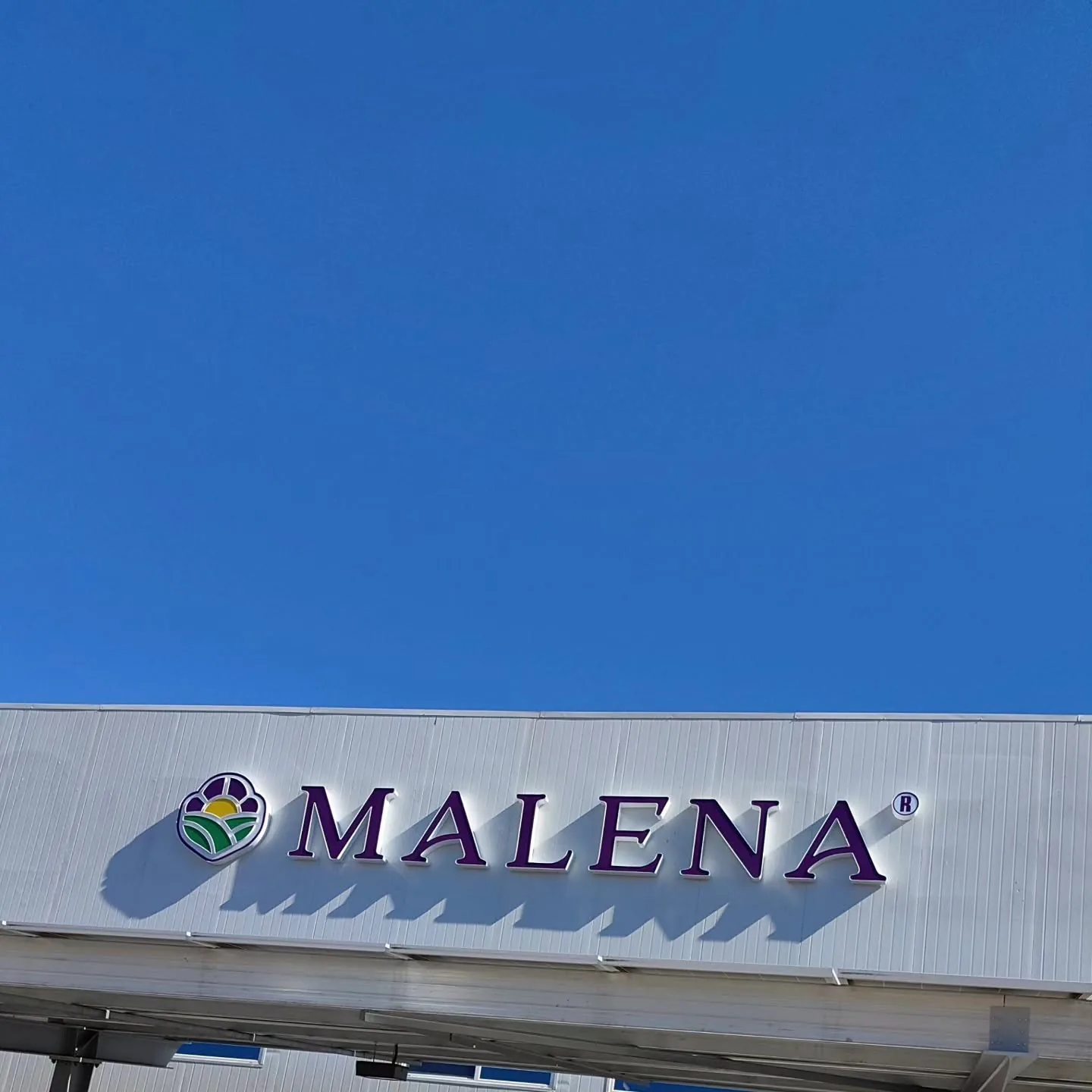 Letras de canal moradas de MALENA con su logotipo montadas en la fachada de una nave